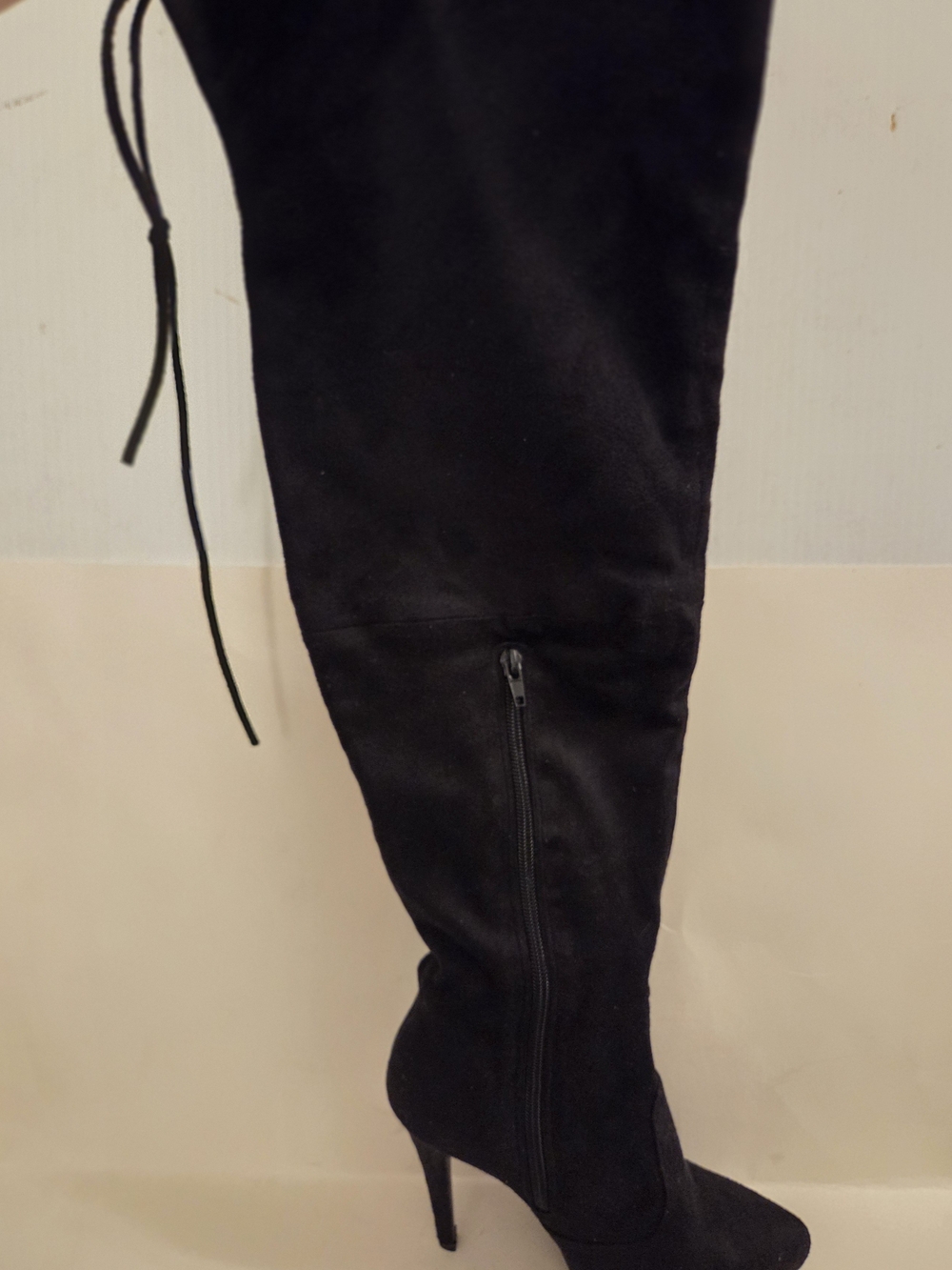Over-the-Knee Black Suede Stiletto Boots with Back Tie